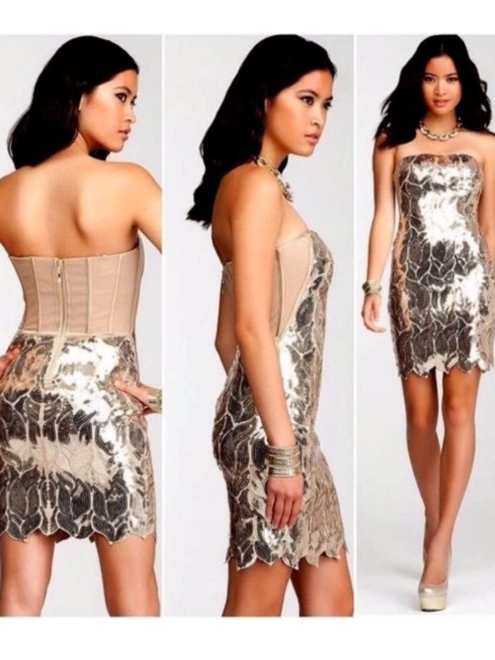 NEW Bebe beige mesh gold leaves sequin top dress tube sexy strapless luxury XS